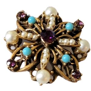 Elegant Vintage Gold and Purple Brooch with Pearls